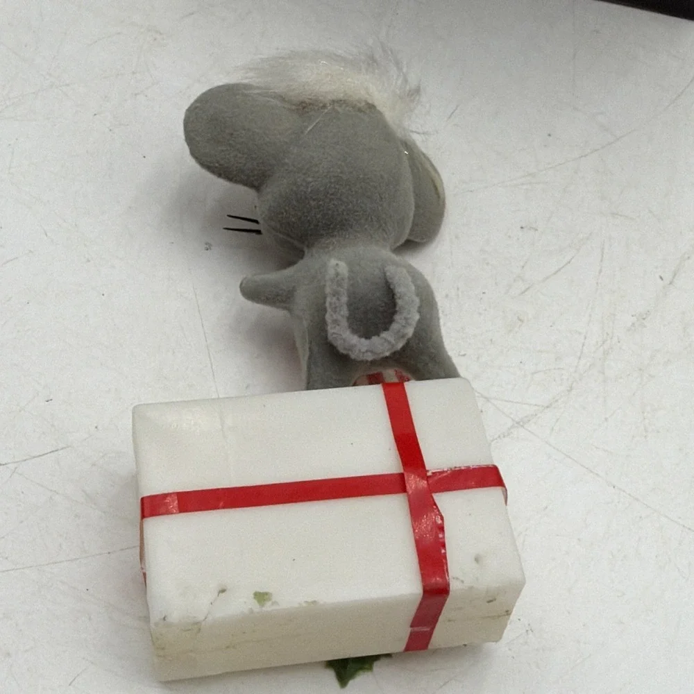 Vintage Flocked Mouse Mice MCM Kitschy Ornament Package Tie